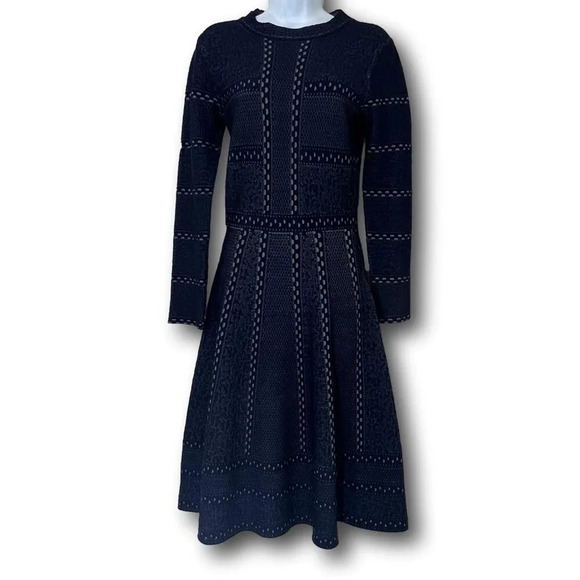 Womens Elegant A Line Midi Long Sleeve Flared Navy Blue Chic Dress Medium - Picture 4 of 15